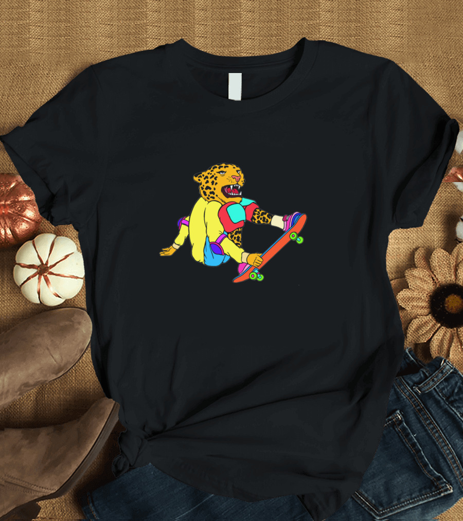 Skateboarding Jaguar in Yellow Outfit with Red and Blue Gear T-Shirt