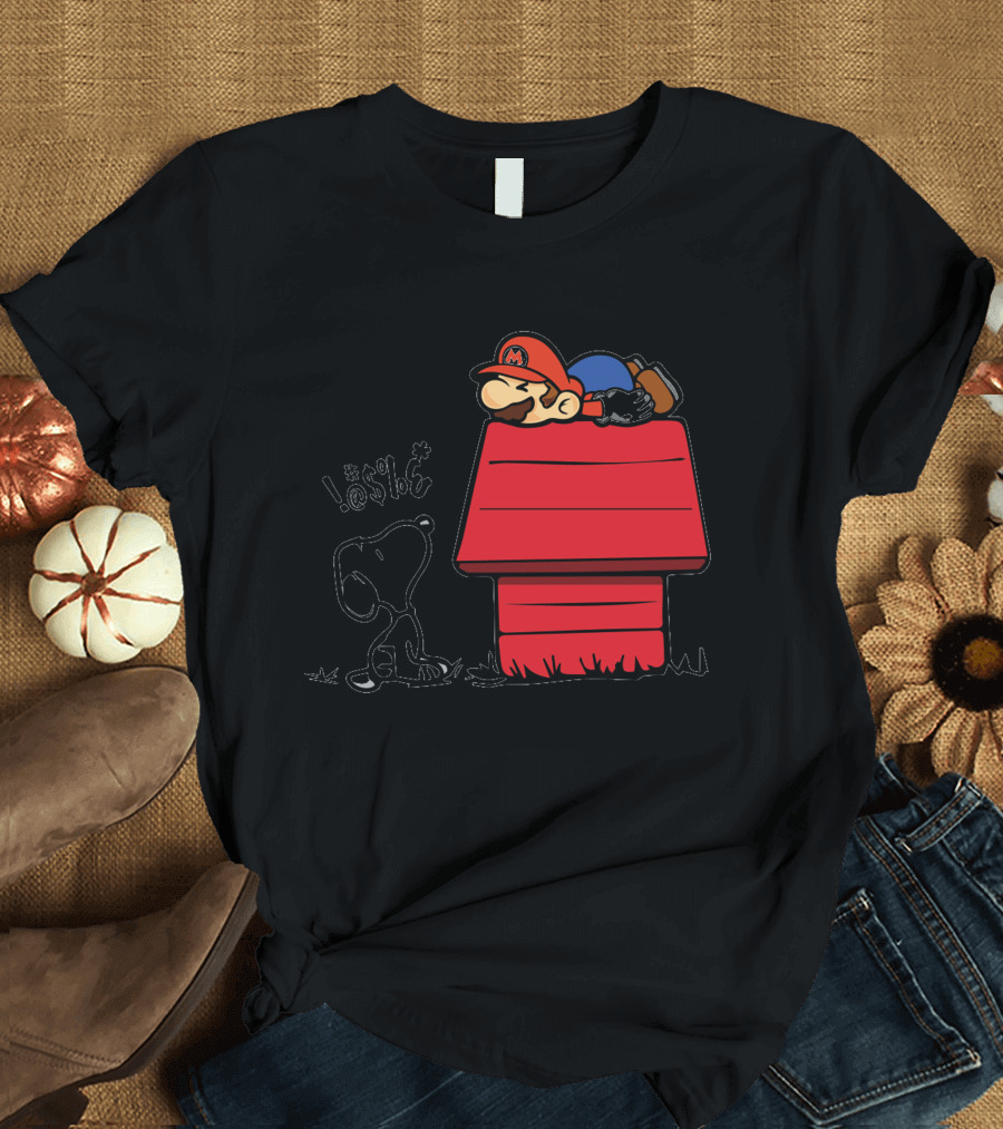 Snoopy and Lazy Mario on Doghouse with Comic Symbols T-Shirt