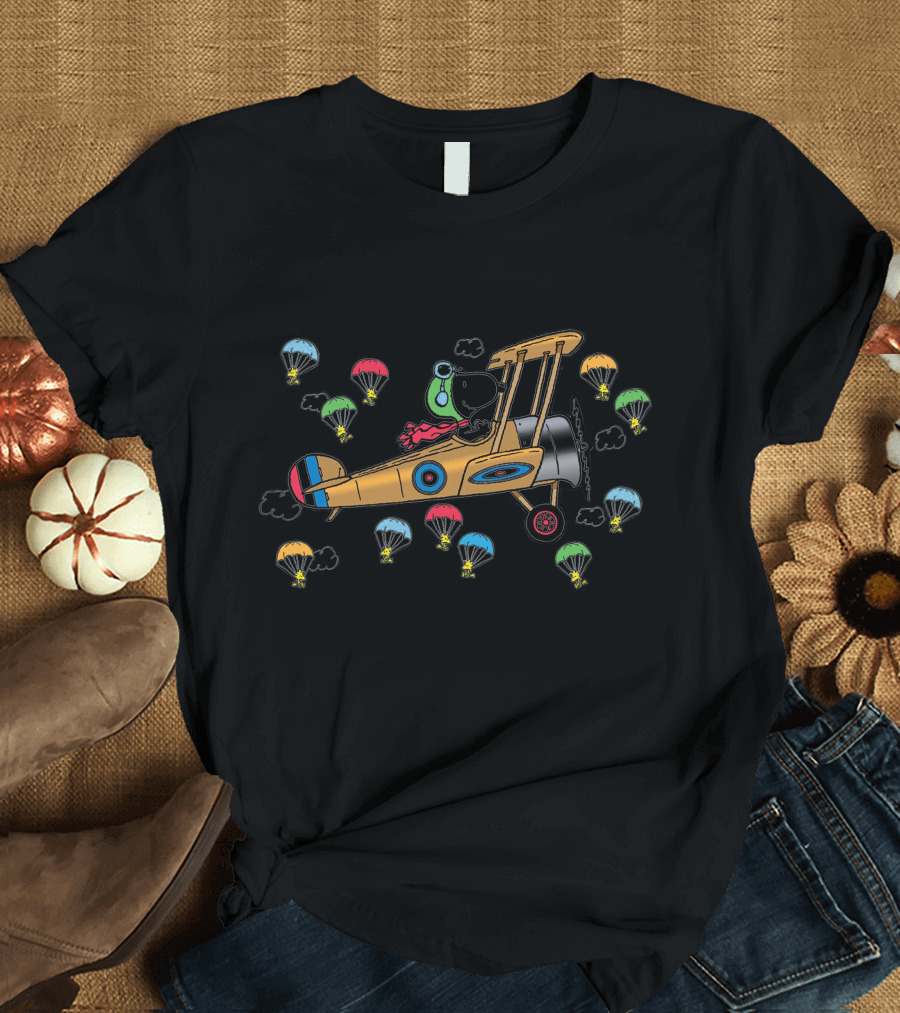 Snoopy Flying Ace Biplane with Parachuting Woodstock T-Shirt