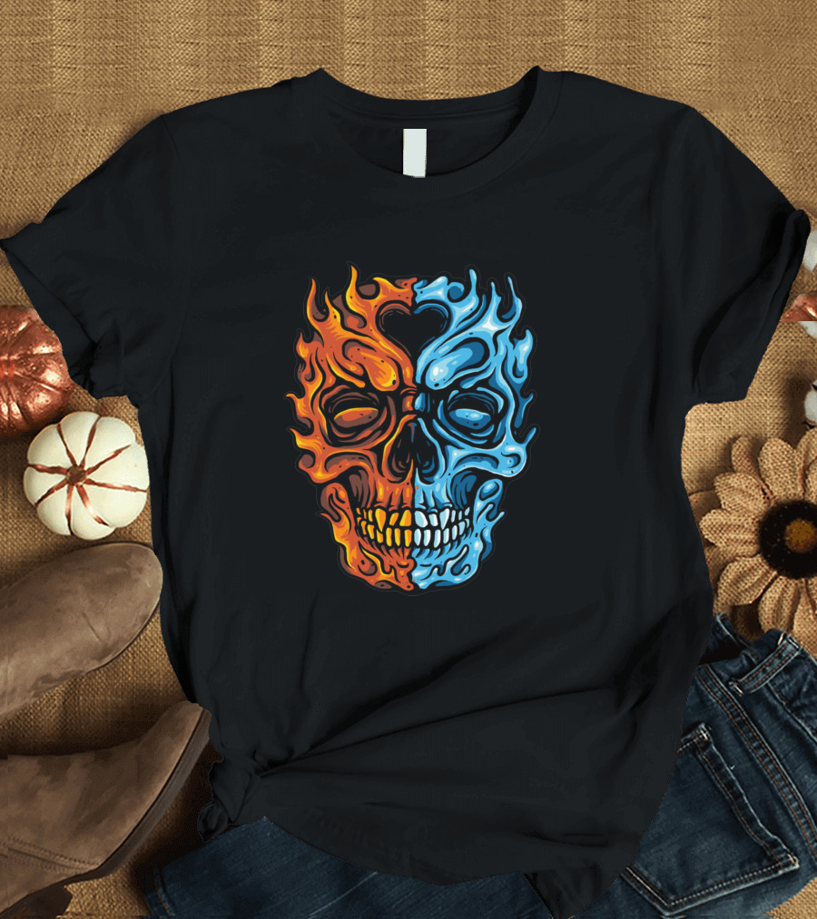 Water Fire Skull Flaming Duality T-Shirt