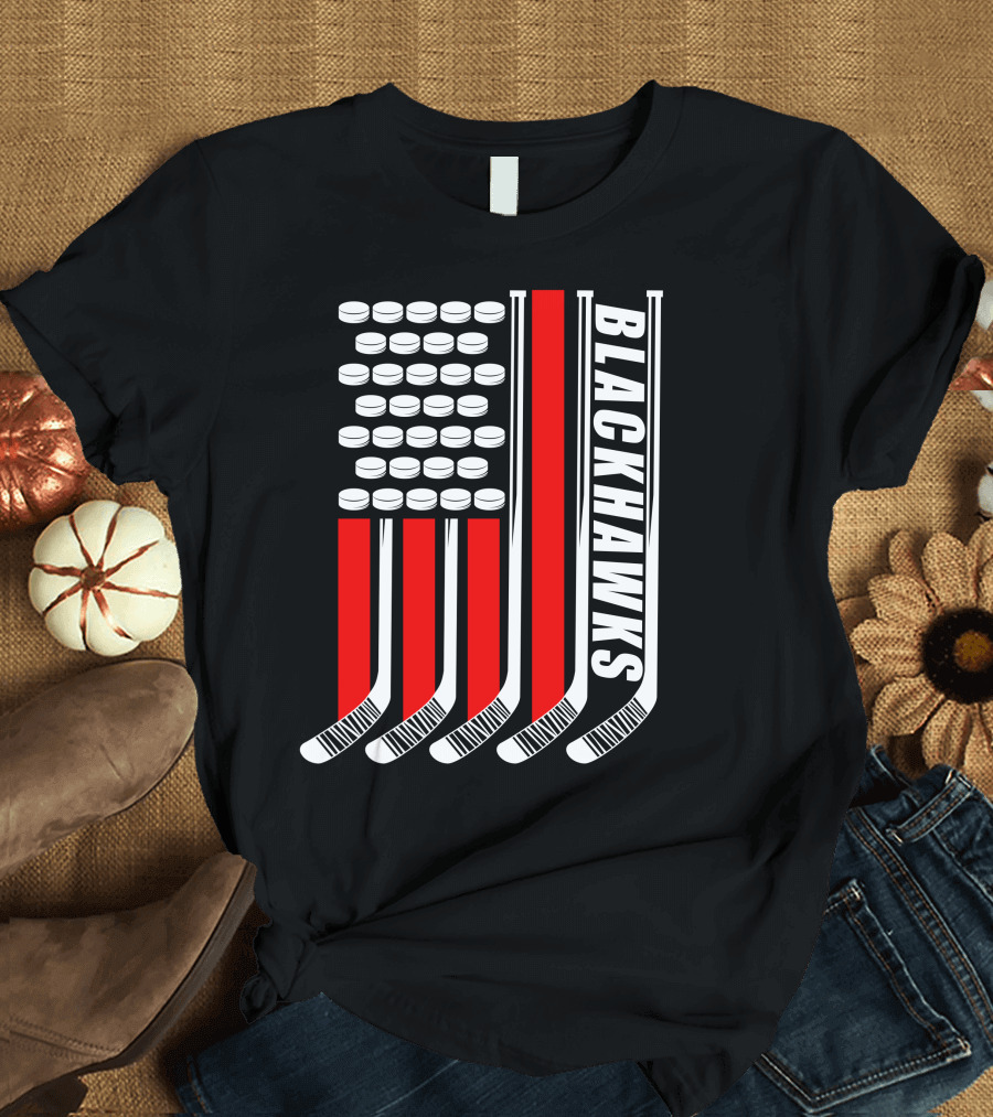 Blackhawks Hockey Sticks and Pucks Americana Flag T-Shirt