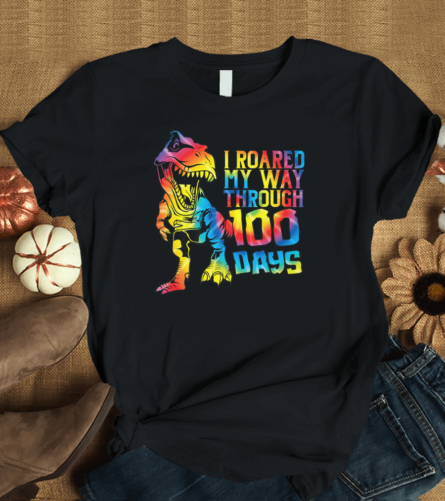 Dino Rex I Roared My Way Through 100 Days Tie Dye T-Shirt