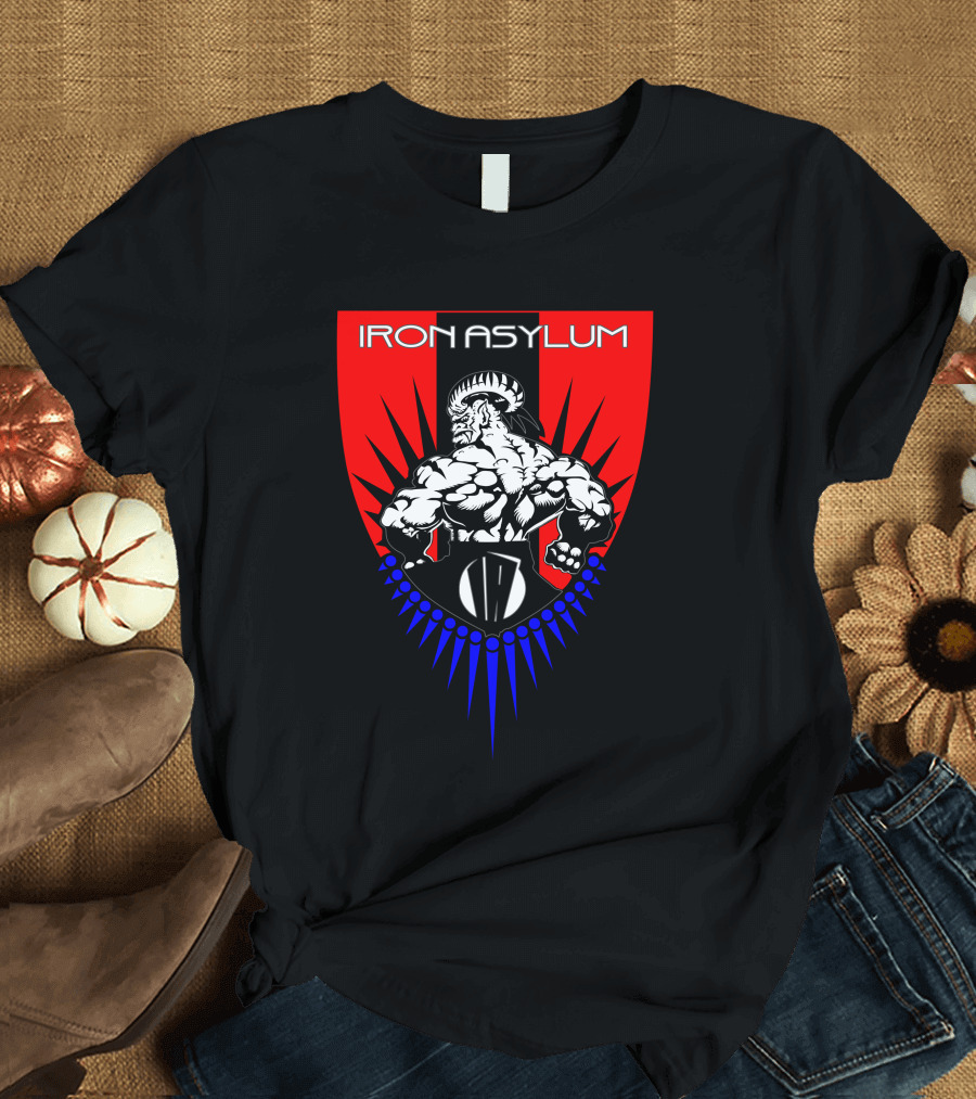 Iron Asylum Strength Shield Warrior with Ram Horns and Muscle Emblem T-Shirt