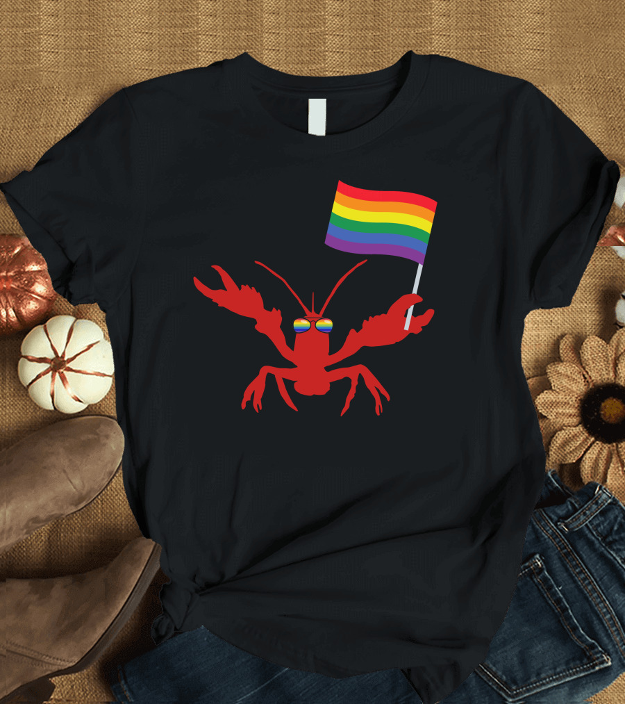 LGBT Crawfish with Pride Rainbow Flag and Glasses T-Shirt