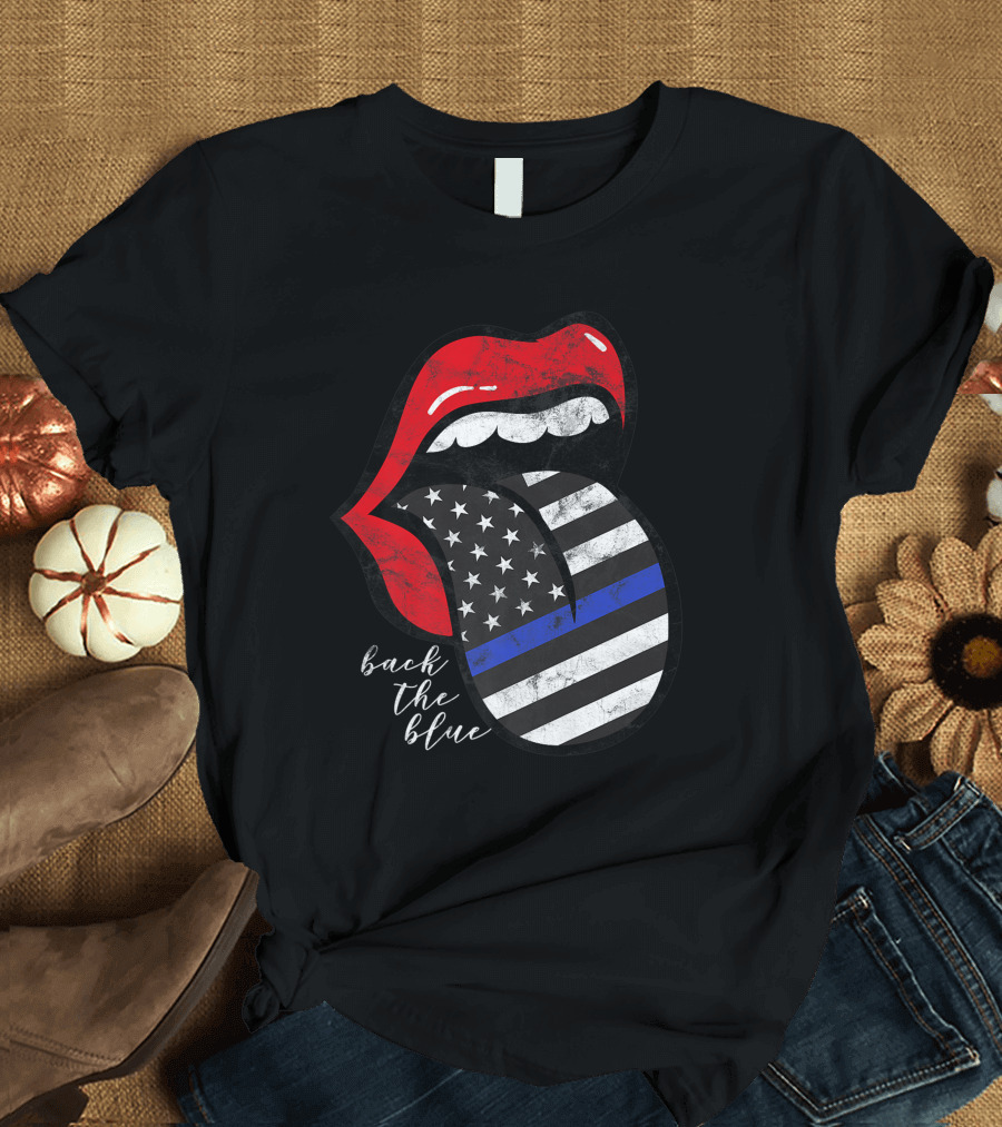Red Lips Black White American Flag Tongue Back The Blue T-Shirt