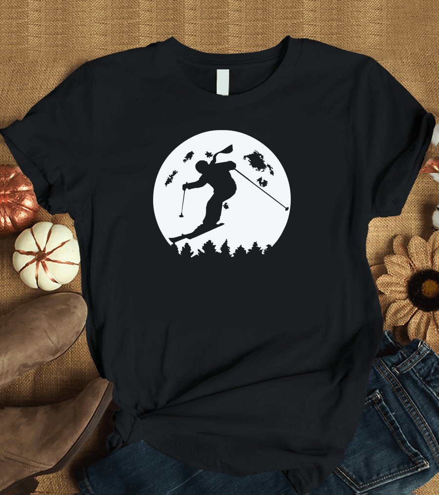 Skiier Silhouette Against Full Moon Night Sky Moonlight T-Shirt