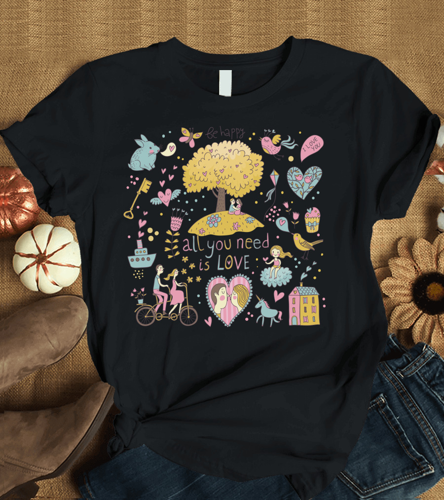 Be Happy All You Need Is Love Tree with Heart Symbols and Peaceful T-Shirt