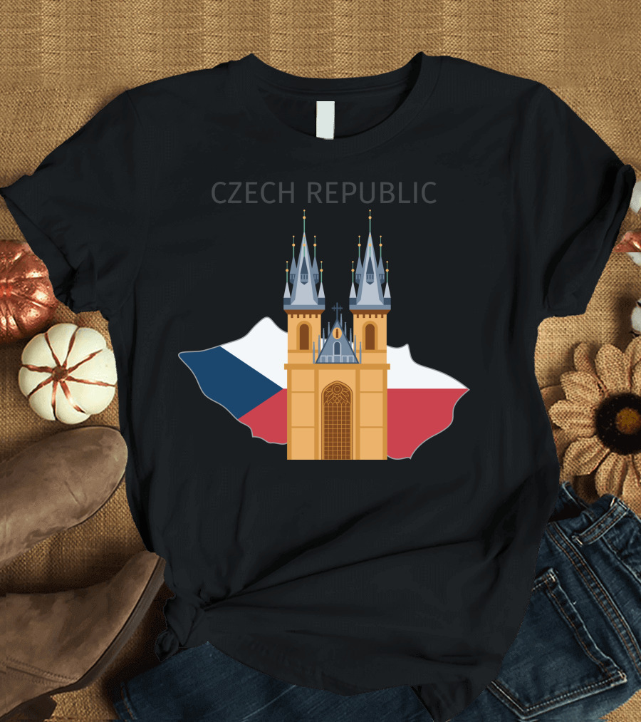 Czech Republic Tyn Cathedral Over Czech Flag Map T-Shirt