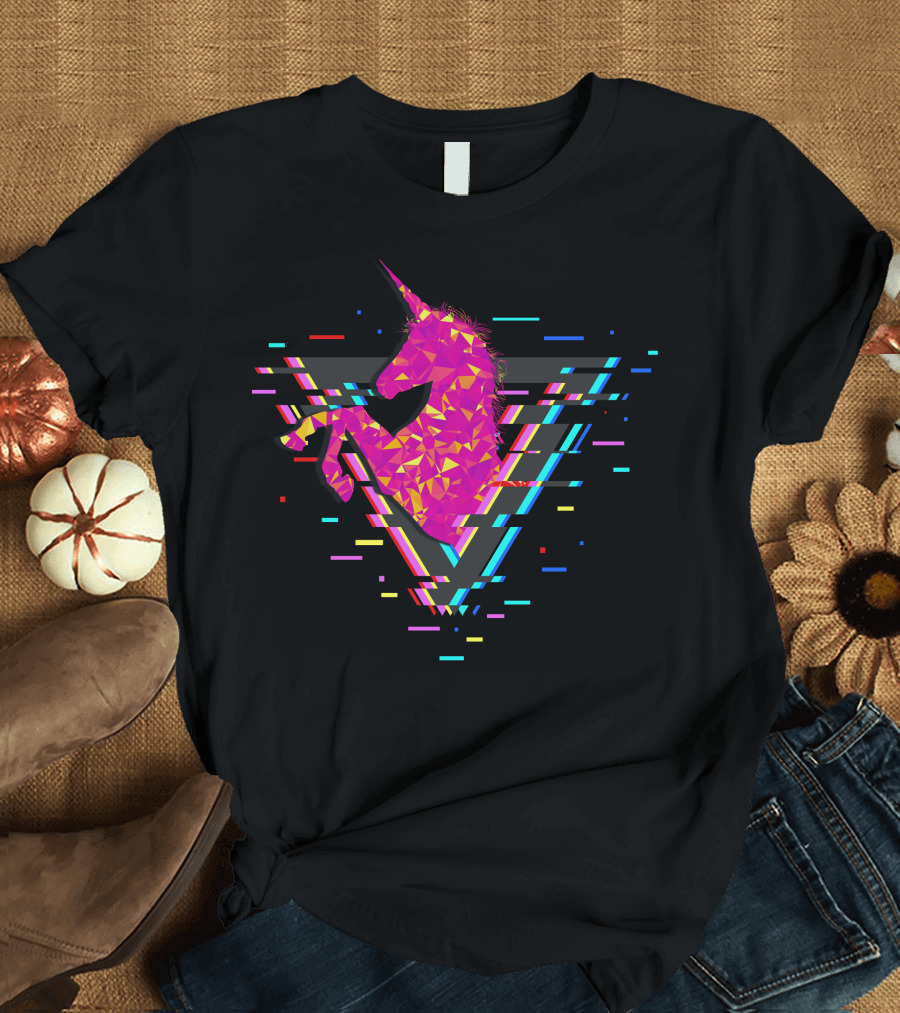 Vibrant Geometric Unicorn with Neon Glitch Effects T-Shirt