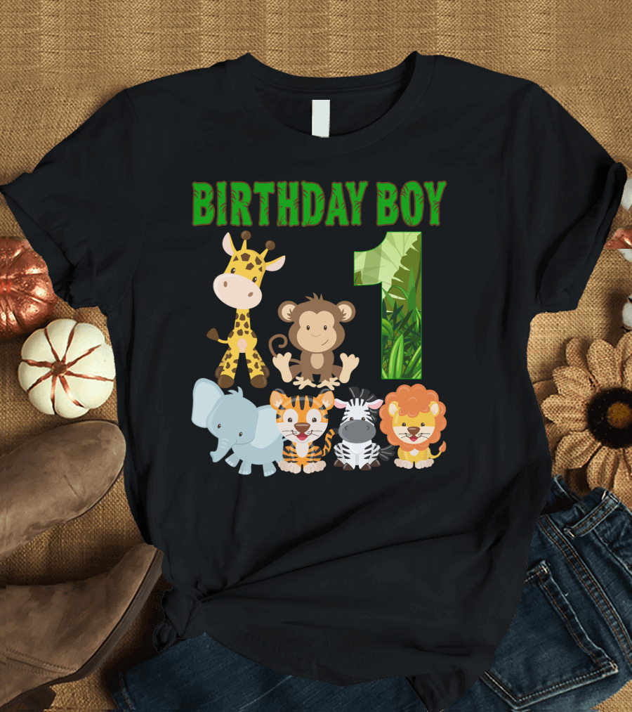 BIRTHDAY BOY Jungle Animals One Giraffe Monkey Elephant Tiger Zebra Lion T-Shirt