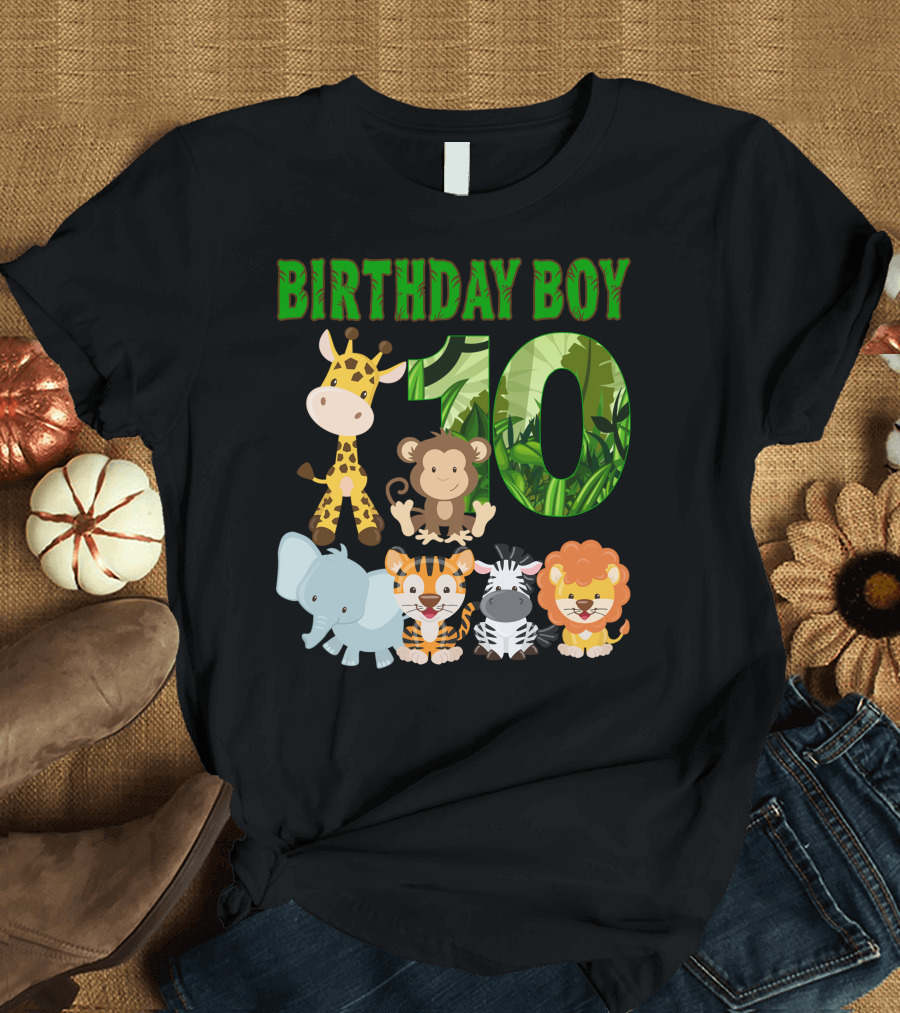 Birthday Boy Ten Jungle Animals Giraffe Monkey Elephant Tiger Zebra Lion T-Shirt
