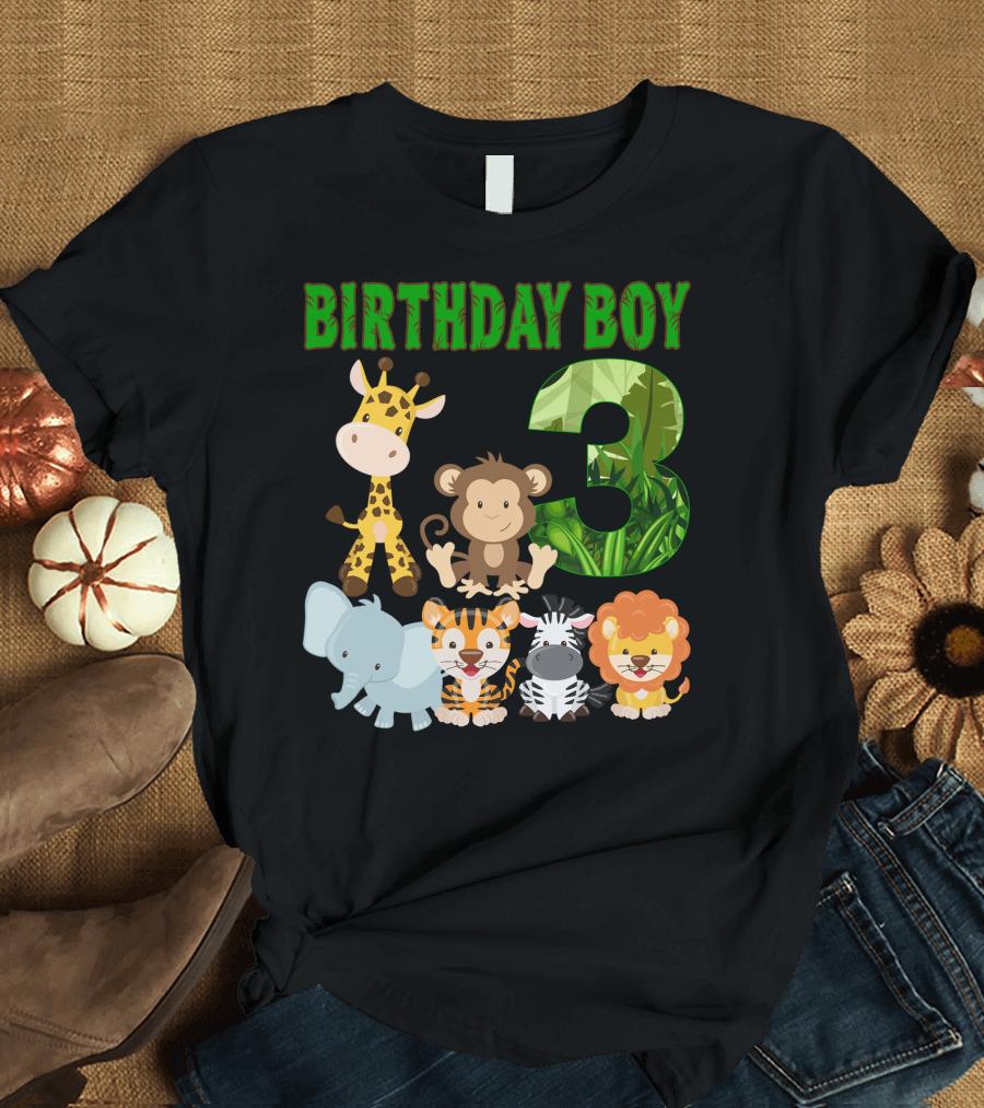Birthday Boy Three Giraffe Monkey Elephant Tiger Zebra Lion Jungle T-Shirt