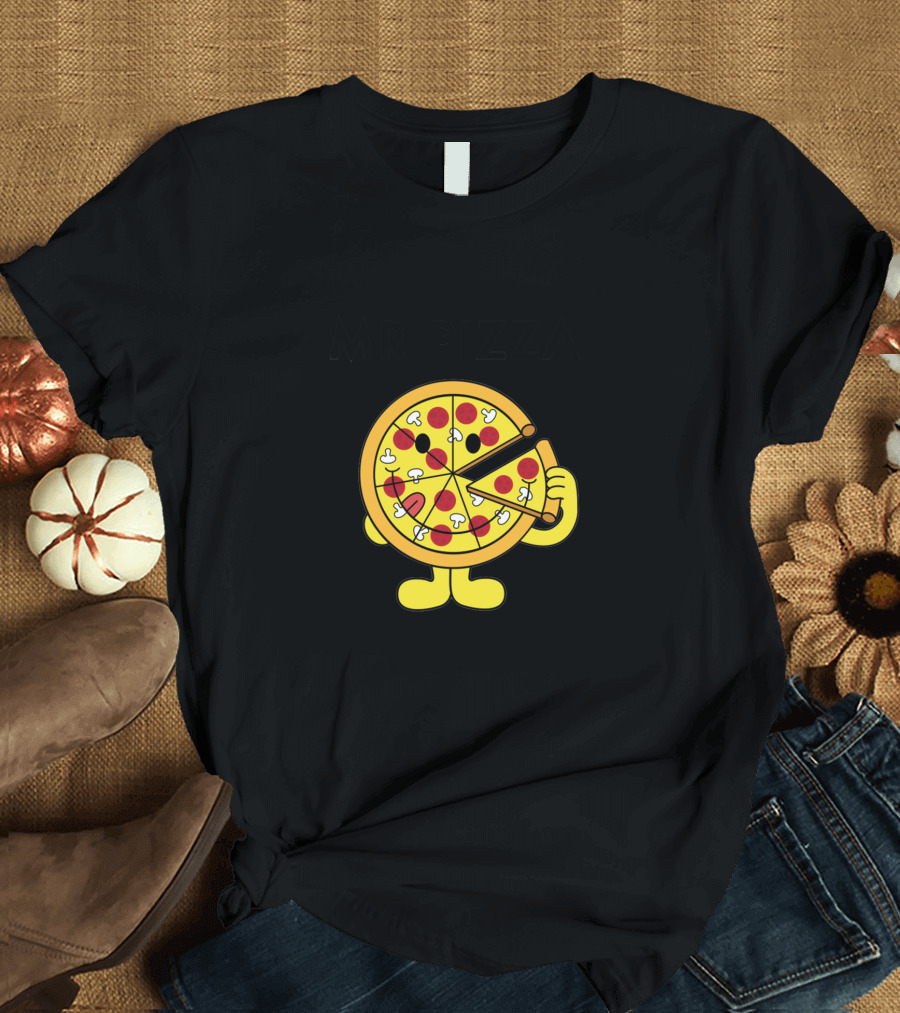 MR PIZZA Cartoon Pizza Slice Character with Pepperoni and Mushrooms T-Shirt