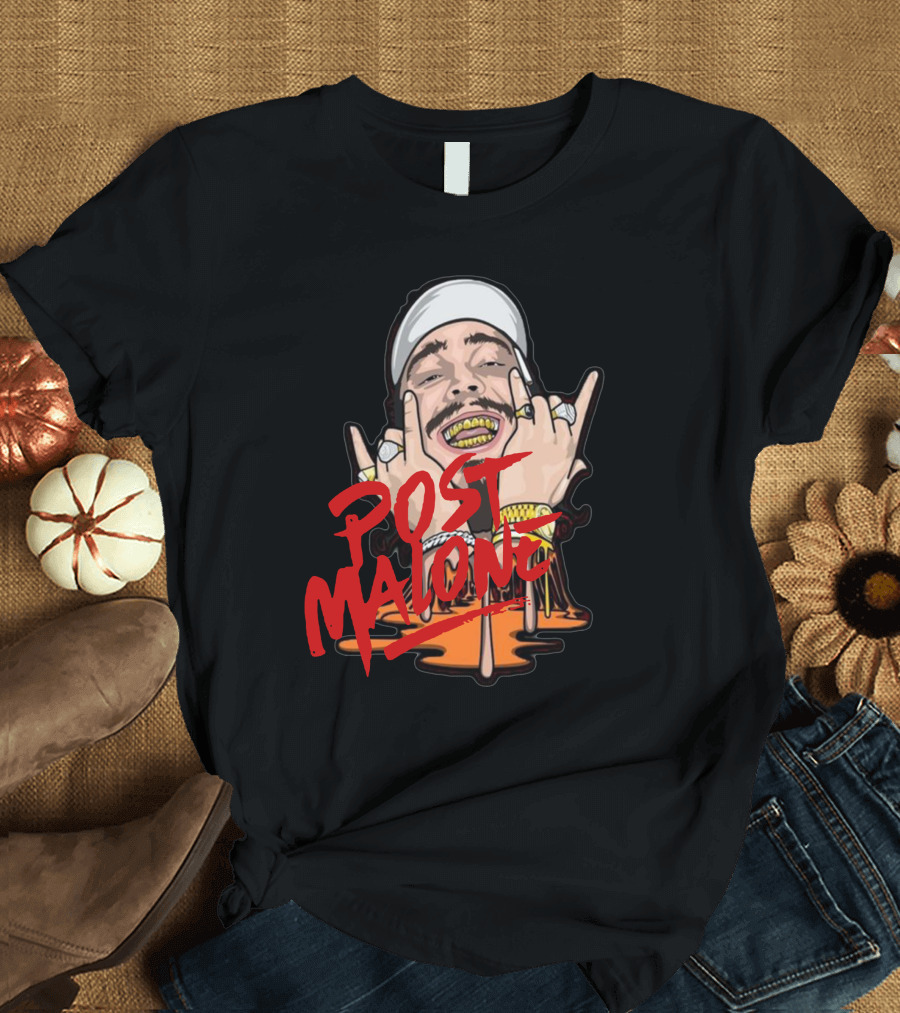 Post Malone Rapper Graphic with Rings and Grills T-Shirt