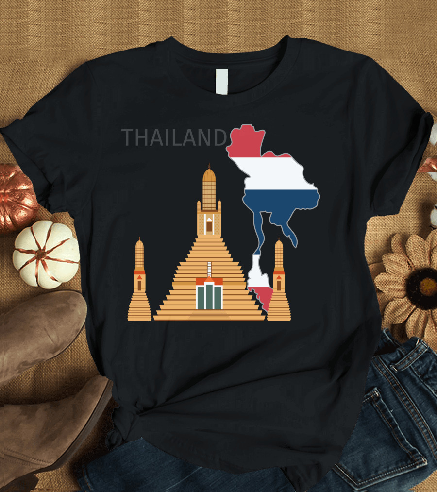 Thailand Map and Wat Arun Pagoda with Flag Colors T-Shirt