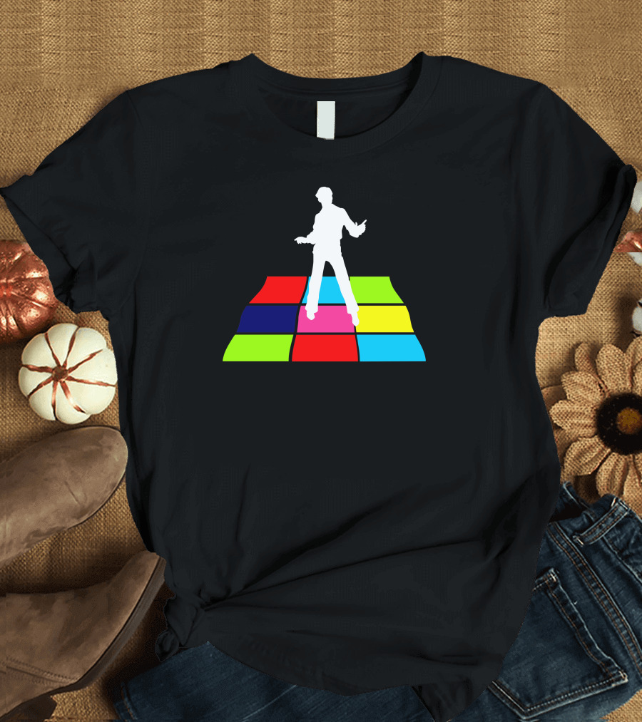 Disco Man Grooving on Colorful Dance Floor Squares T-Shirt