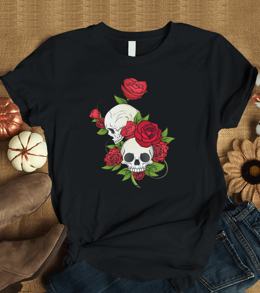 Floral Skull with Red Roses and Green Leaves T-Shirt