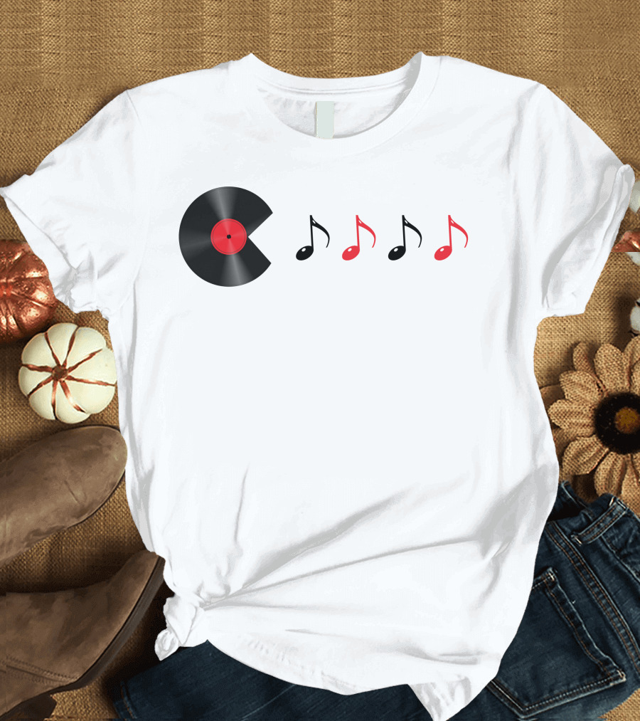 Pac Man Record Vinyl Music Notes Retro Gaming T-Shirt