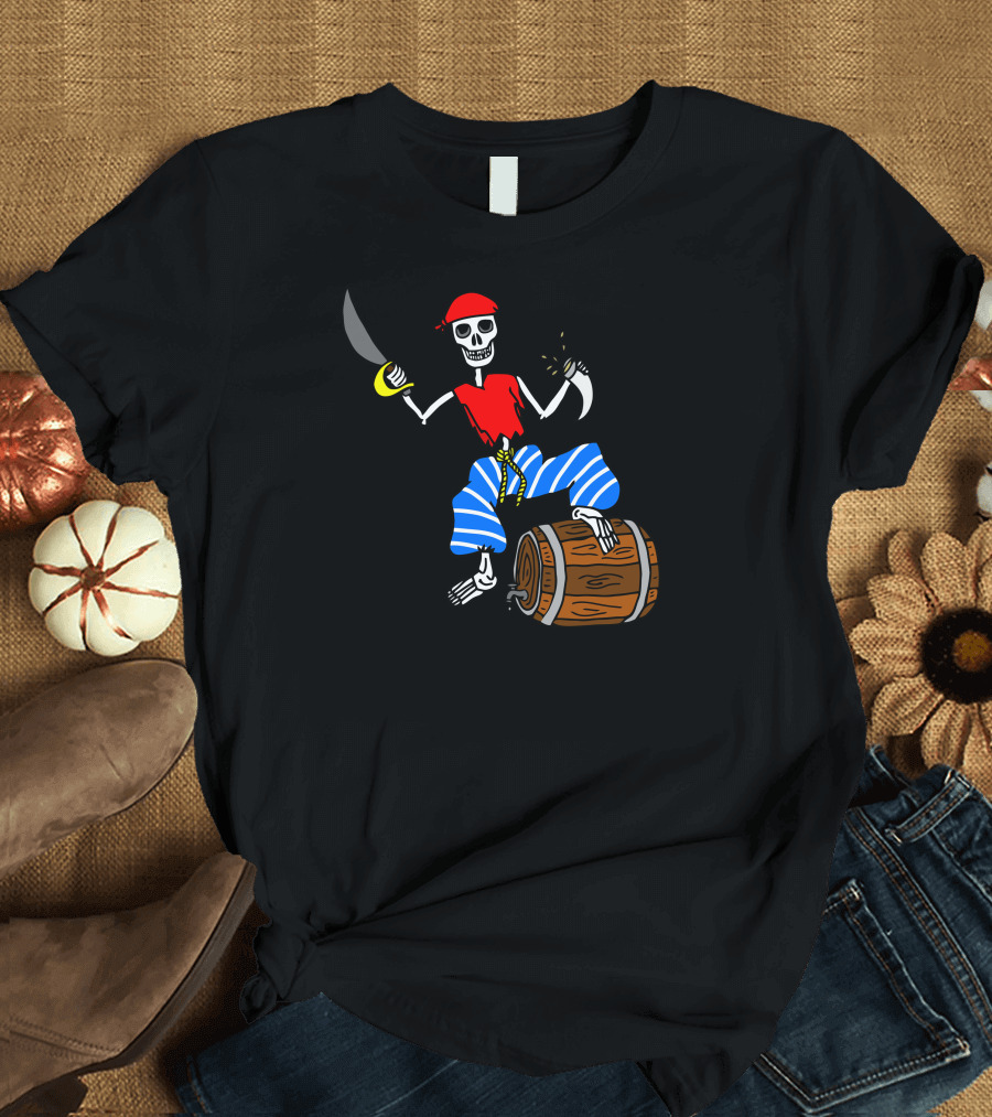 Pirate Skeleton with Sword Barrel and Red Bandana T-Shirt