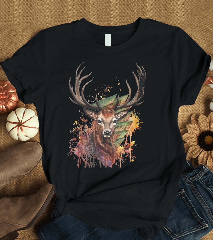 Watercolor Deer Splatter Painting Rustic Wildlife T-Shirt