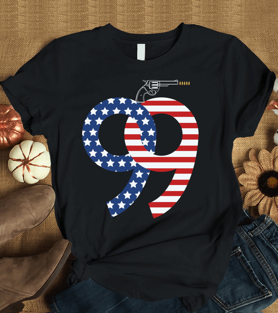 99 American Flag Stars and Stripes Revolver Gun T-Shirt