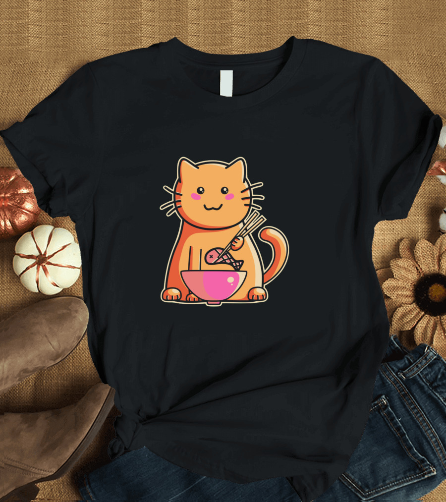 Cute Cat With Chopsticks Eating Fish In Bowl T-Shirt