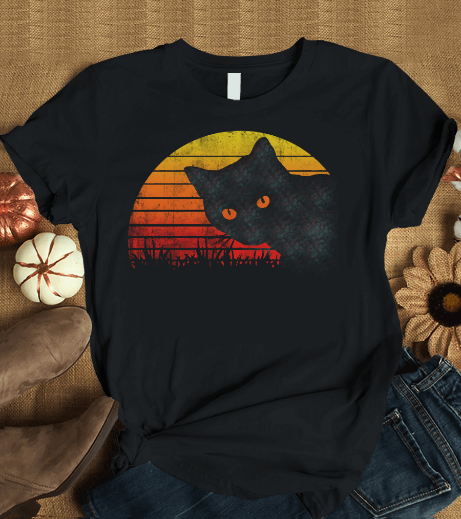 Retro Eighties Sunset Silhouette Cat T-Shirt