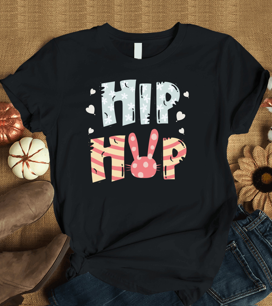 HIP HOP Rabbit with Polka Dot Ears and Striped Letters Surrounded by Hearts T-Shirt