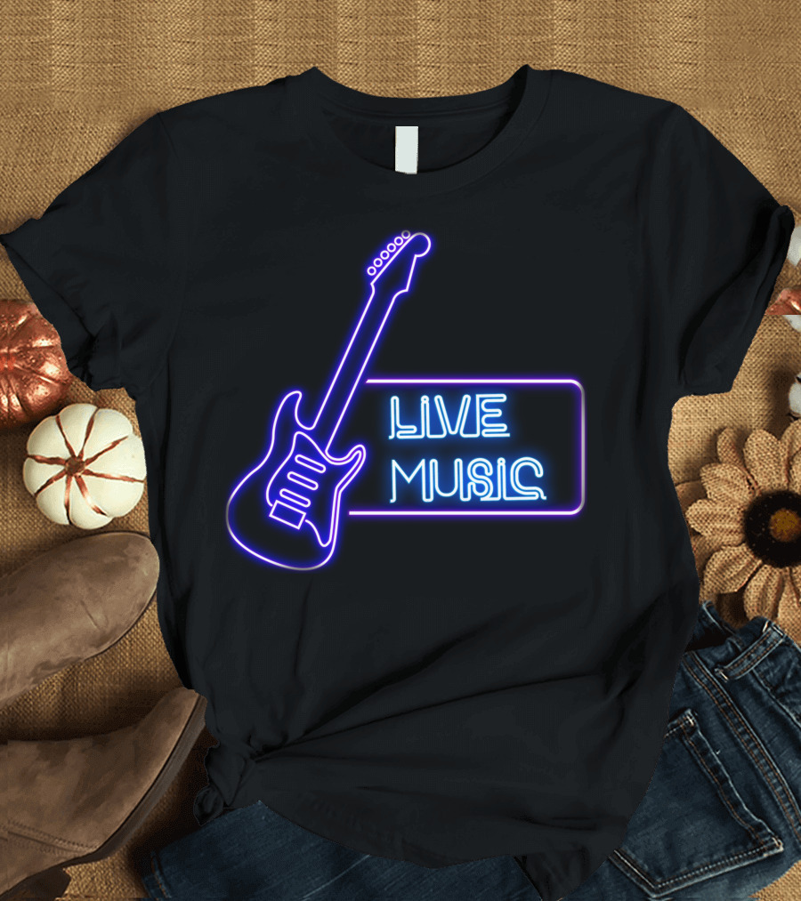 Live Music Neon Guitar Sign T-Shirt