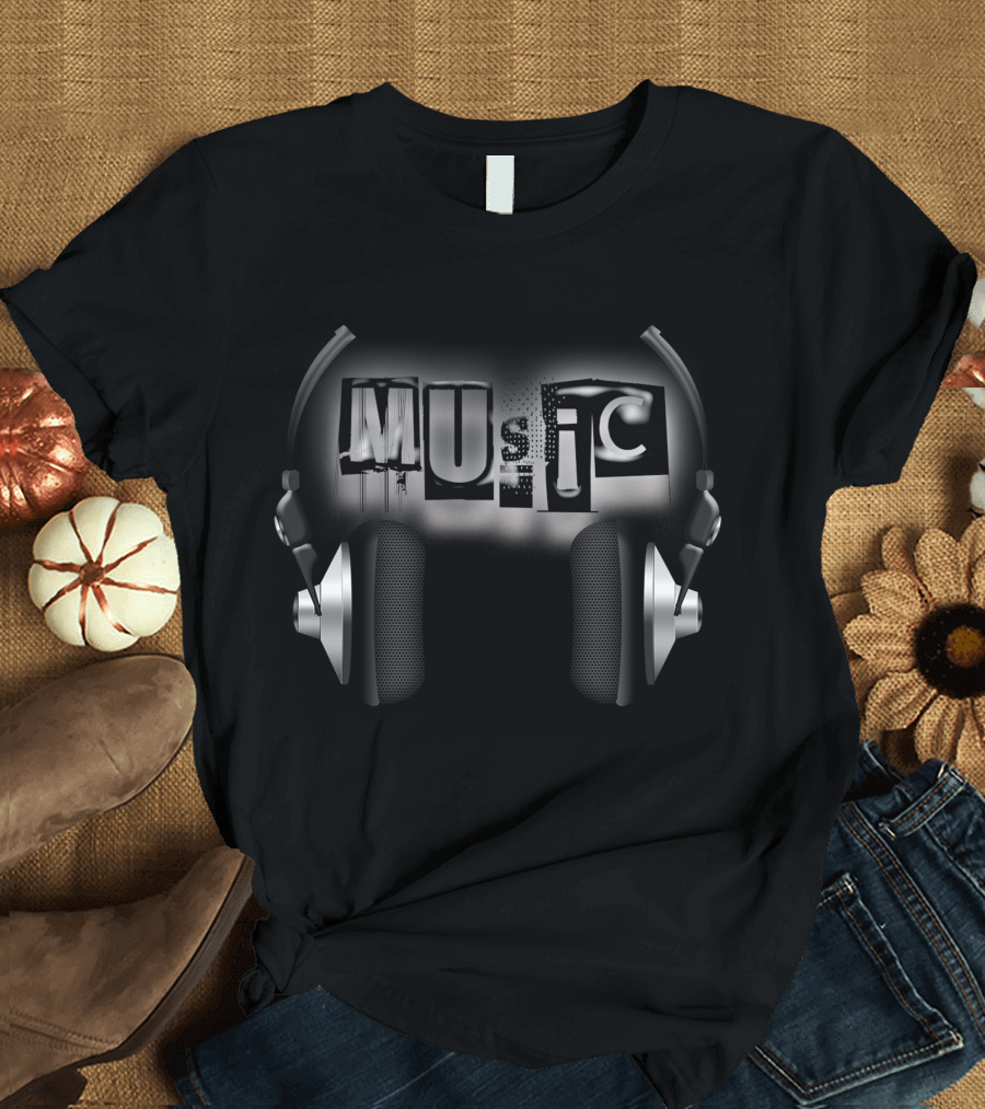 MUSIC Headphones Grunge Typography T-Shirt