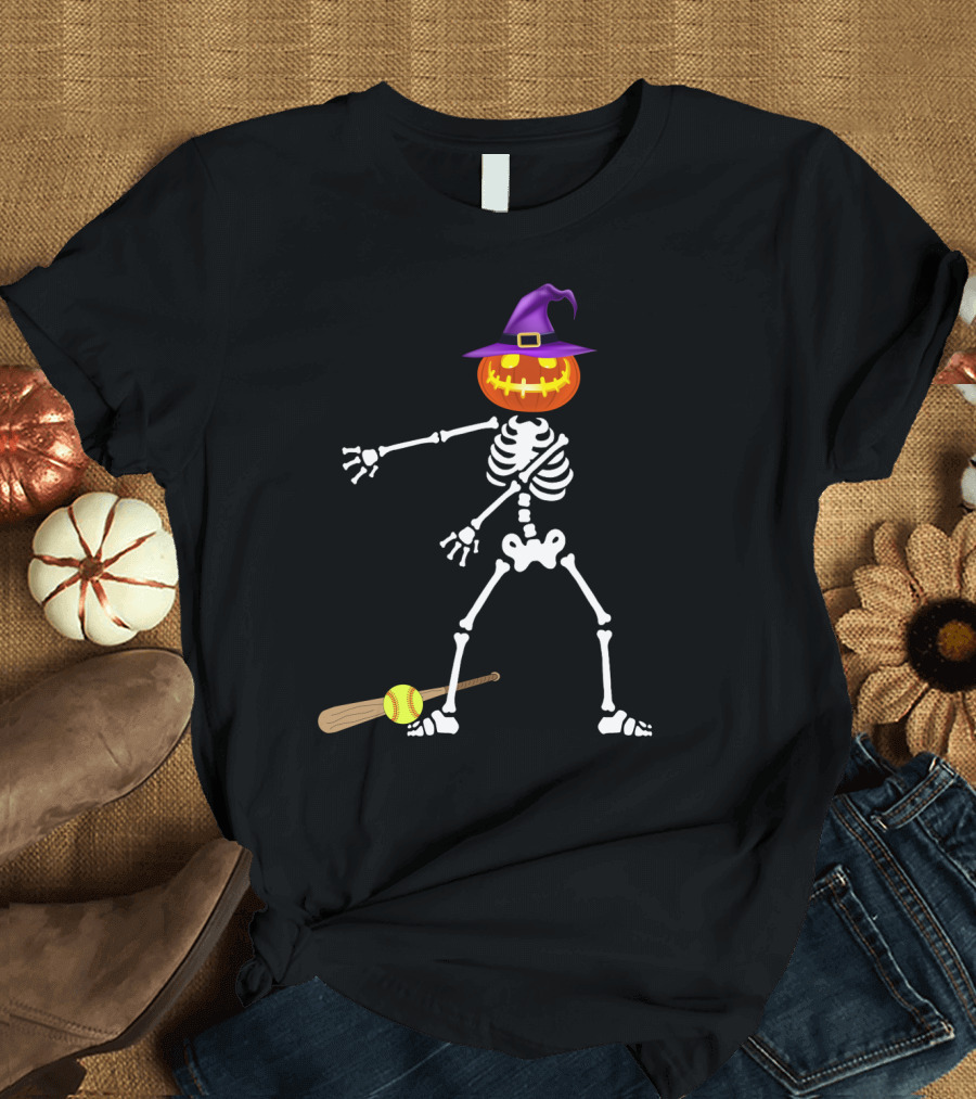 Skeleton Pumpkin Witch Performing Floss Dance with Softball Bat T-Shirt