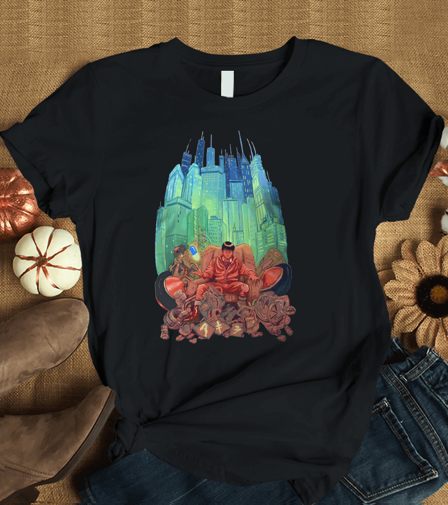 Akira Anime Cyberpunk Dystopian Cityscape with Kaneda and Motorcycle Throne T-Shirt