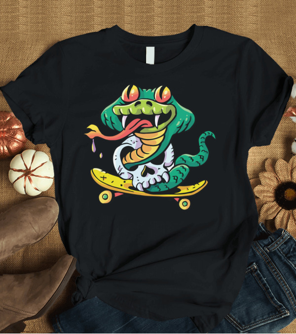 T-Shirt: Cobra Skateboard Snake on Skull with Colorful Cartoon T-Shirt Cobra Skateboard Snake on Skull with Colorful Cartoon T-Shirt