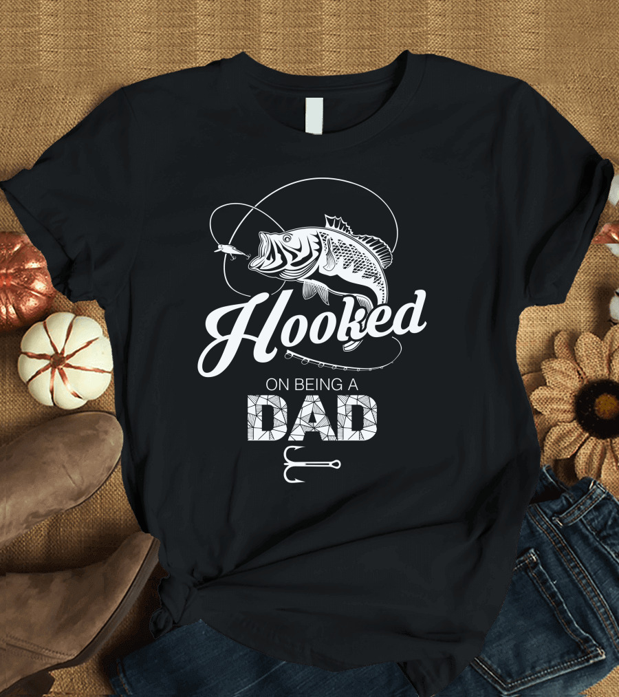 Hooked On Being A Dad Fishing Enthusiast With Lure and Hook Elements T-Shirt