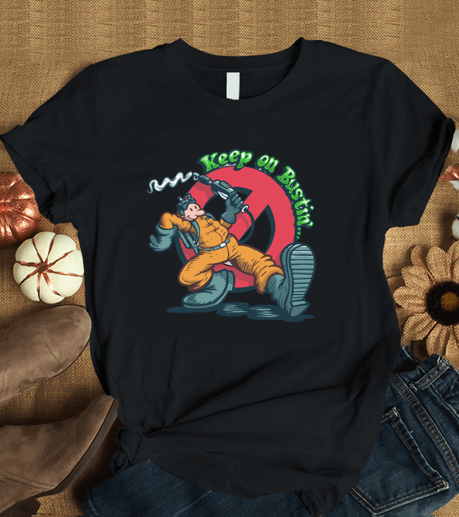 Keep On Bustin' Ghostbusters Parody with Classic Character in Orange Jumpsuit T-Shirt