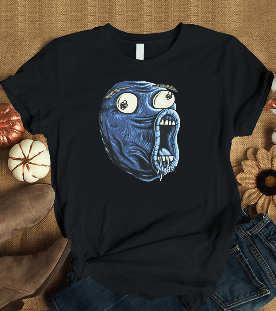 Blue Troll Face Meme Expression with Skull Eyes T-Shirt