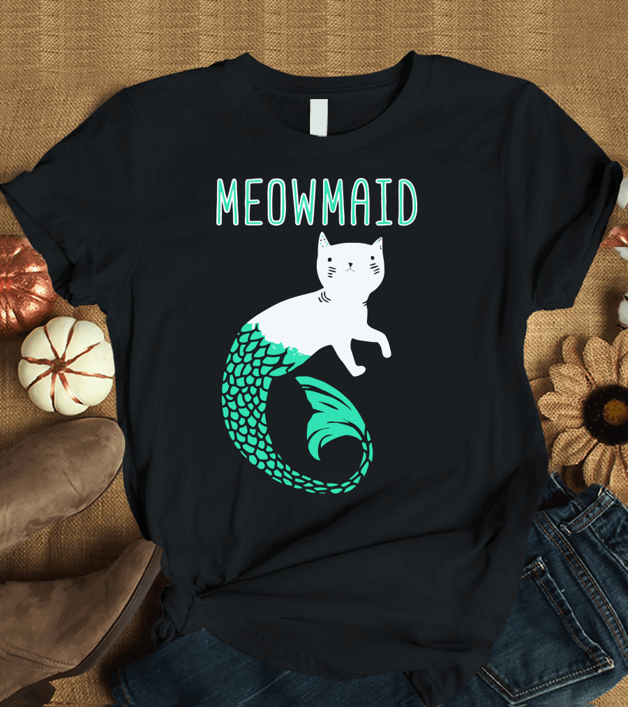 Meowmaid Cat with Mermaid Tail T-Shirt