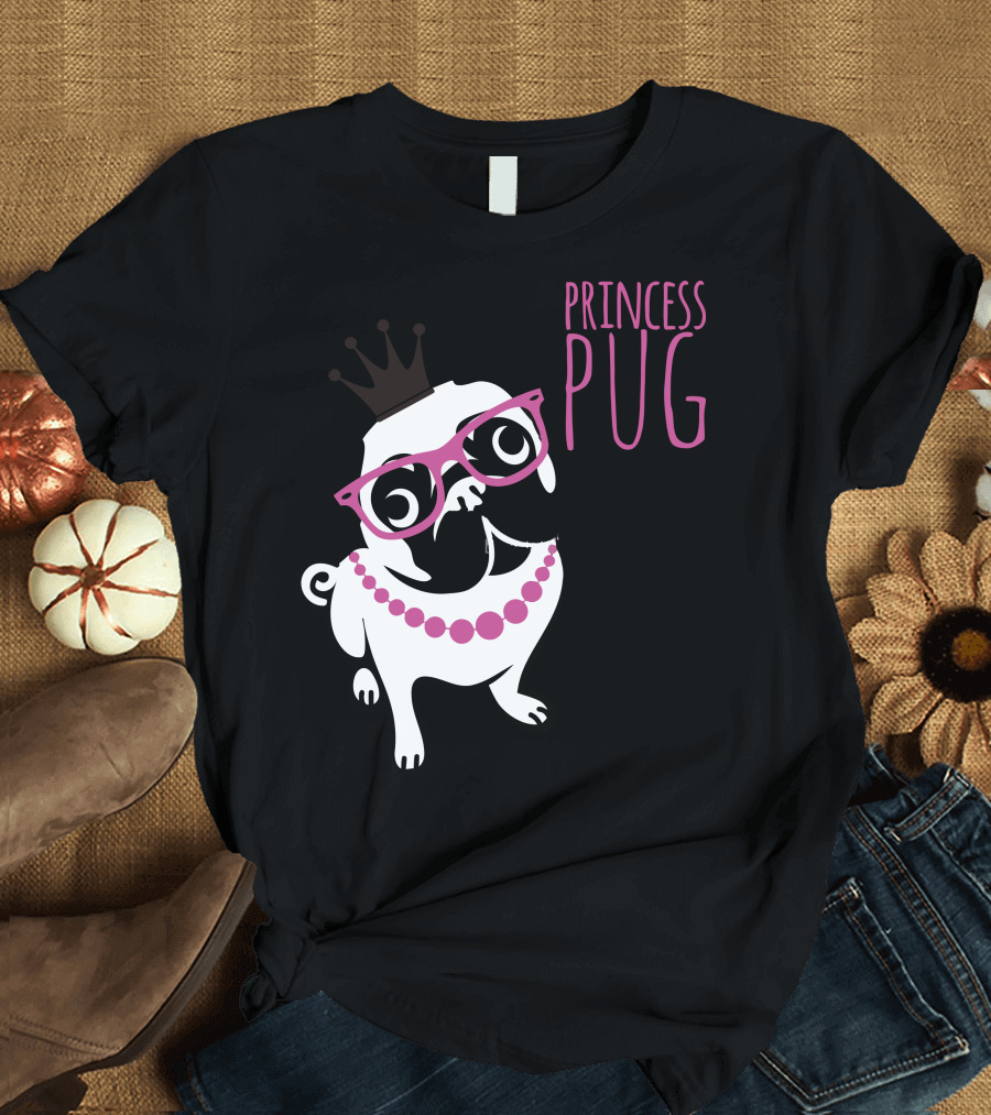 Princess Pug Wearing Crown Glasses and Necklace T-Shirt