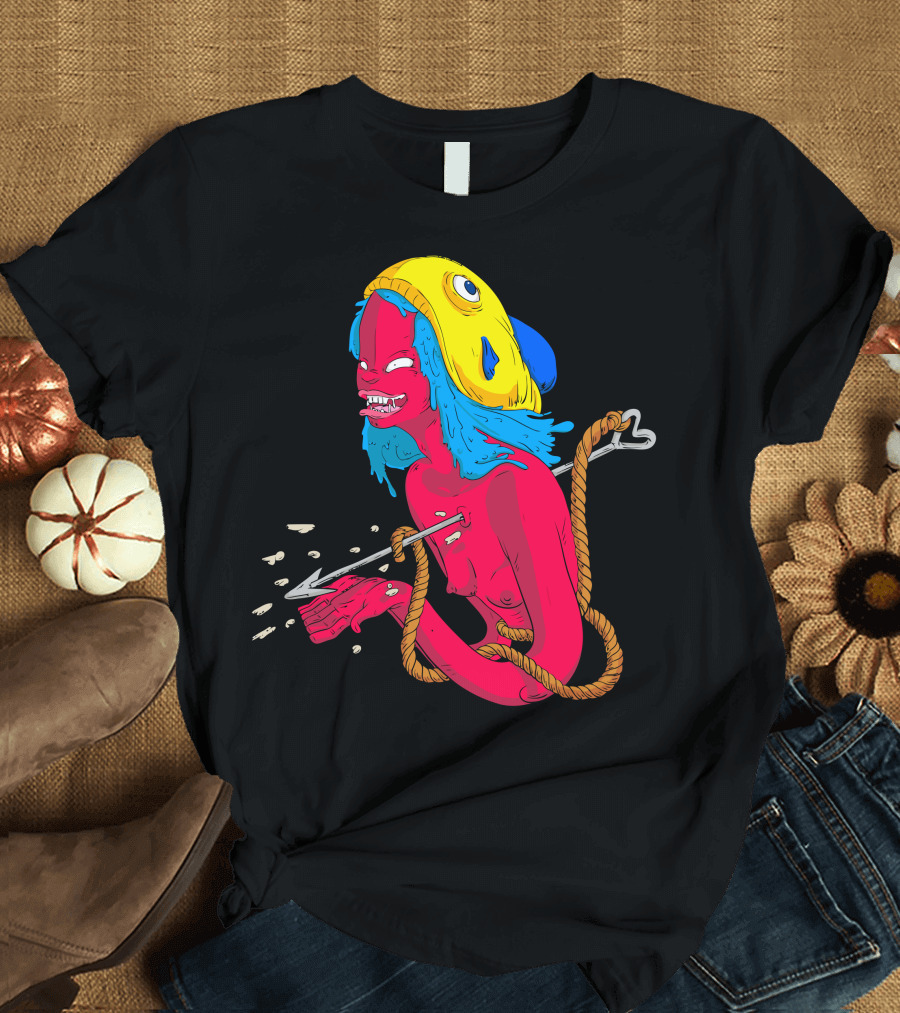 Scary Mermaids Surreal Speared Fish-Hat Creature with Rope and Aggressive Expression T-Shirt