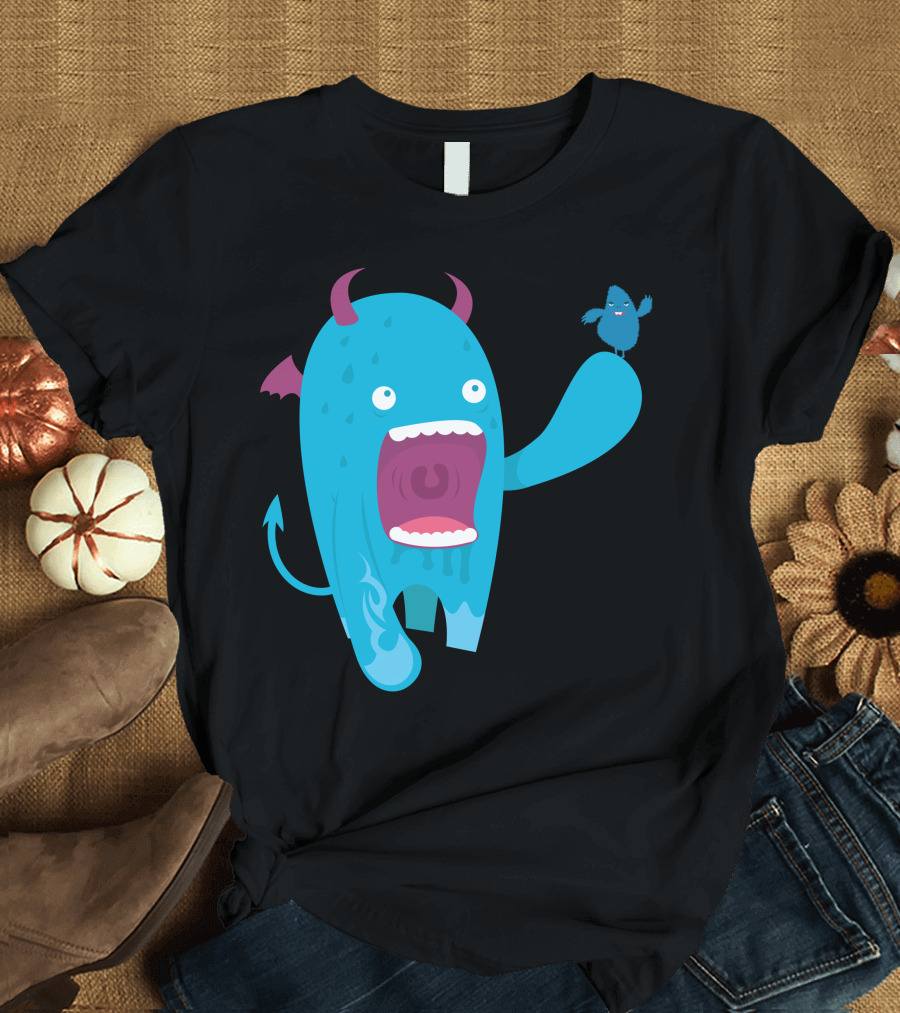 Sweet Monster Friendly Blue Creature with Bird T-Shirt