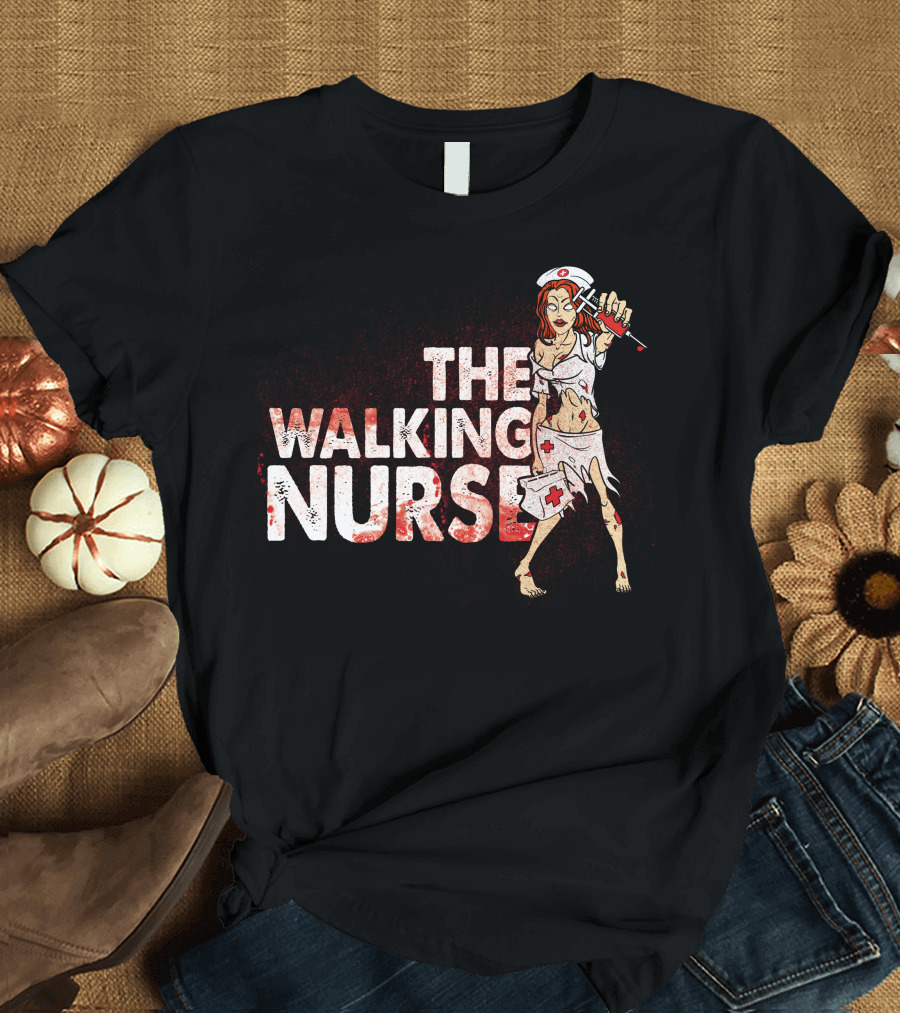 The Walking Nurse Zombie Holding Syringe in Bloody T-Shirt