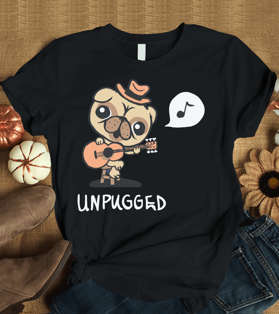 Unpugged Guitar Playing Pug with Musical Note Hat T-Shirt