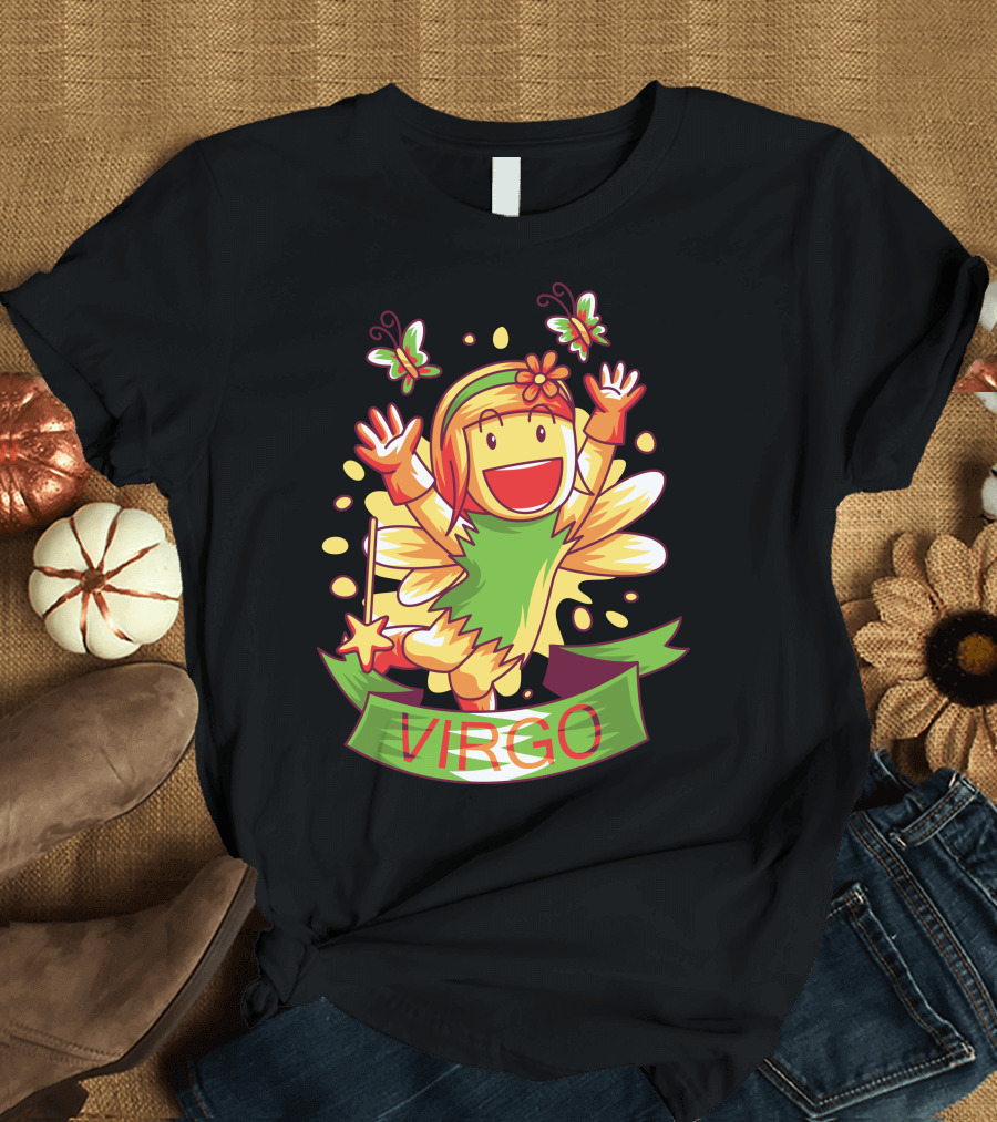 Vibrant Virgo Fairy with Butterflies and Green T-Shirt