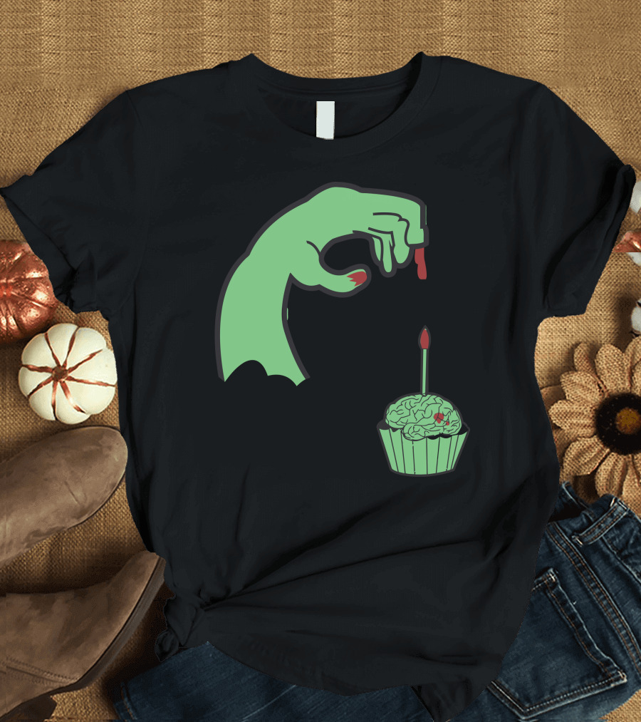 Zombie Hand Candle with Brain Cupcake Brainday T-Shirt
