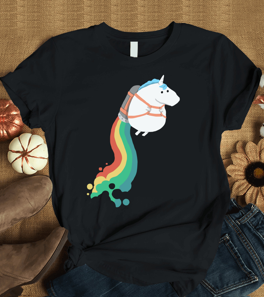 Fat Unicorn With Rainbow Jetpack Flight T-Shirt