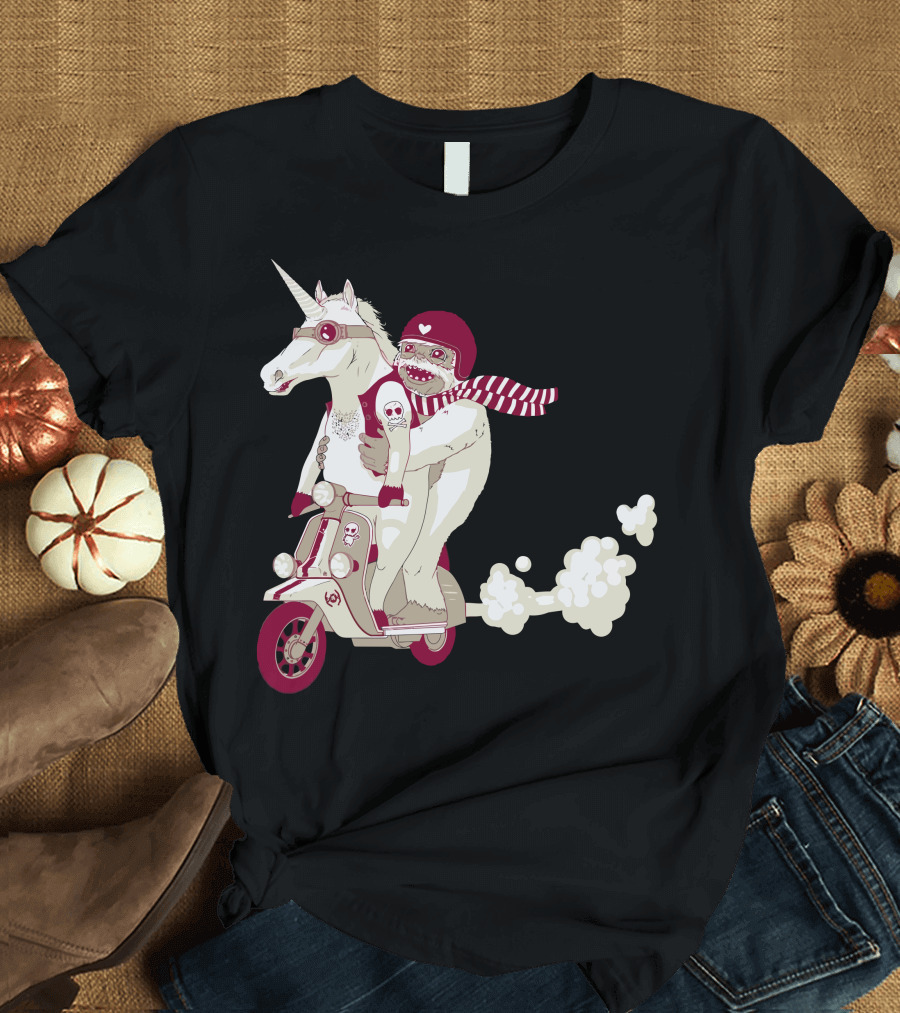 Magical Journey: Unicorn and Yeti Adventure on Scooter with Helmet and Scarf T-Shirt
