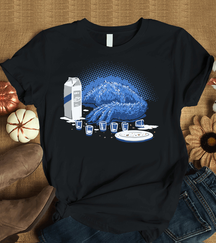 Milk and Cookies Binge with Blue Furry Creature T-Shirt