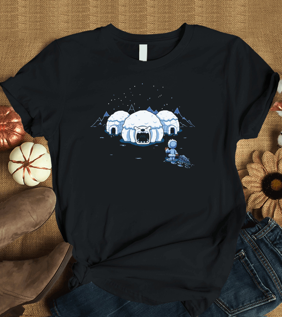 The Hungry Igloo with Polar Bear Entrance and Snowy Mountains Scene T-Shirt