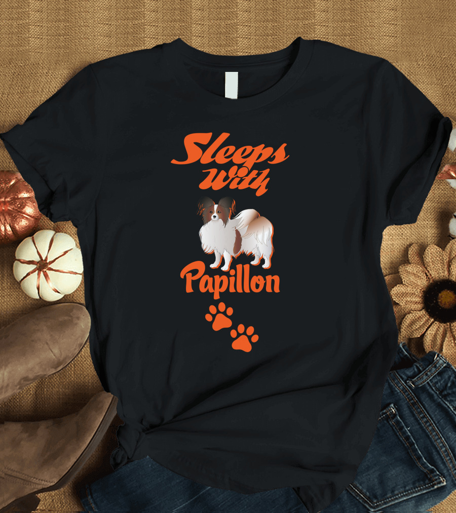 Sleeps With Papillon Dog Paw Prints T-Shirt