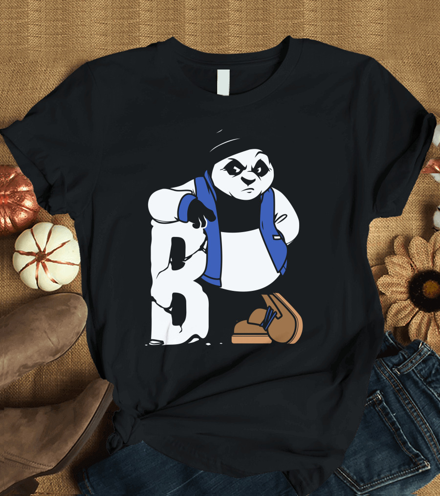 B Bear Panda with Beanie and Blue Vest Leaning on B T-Shirt